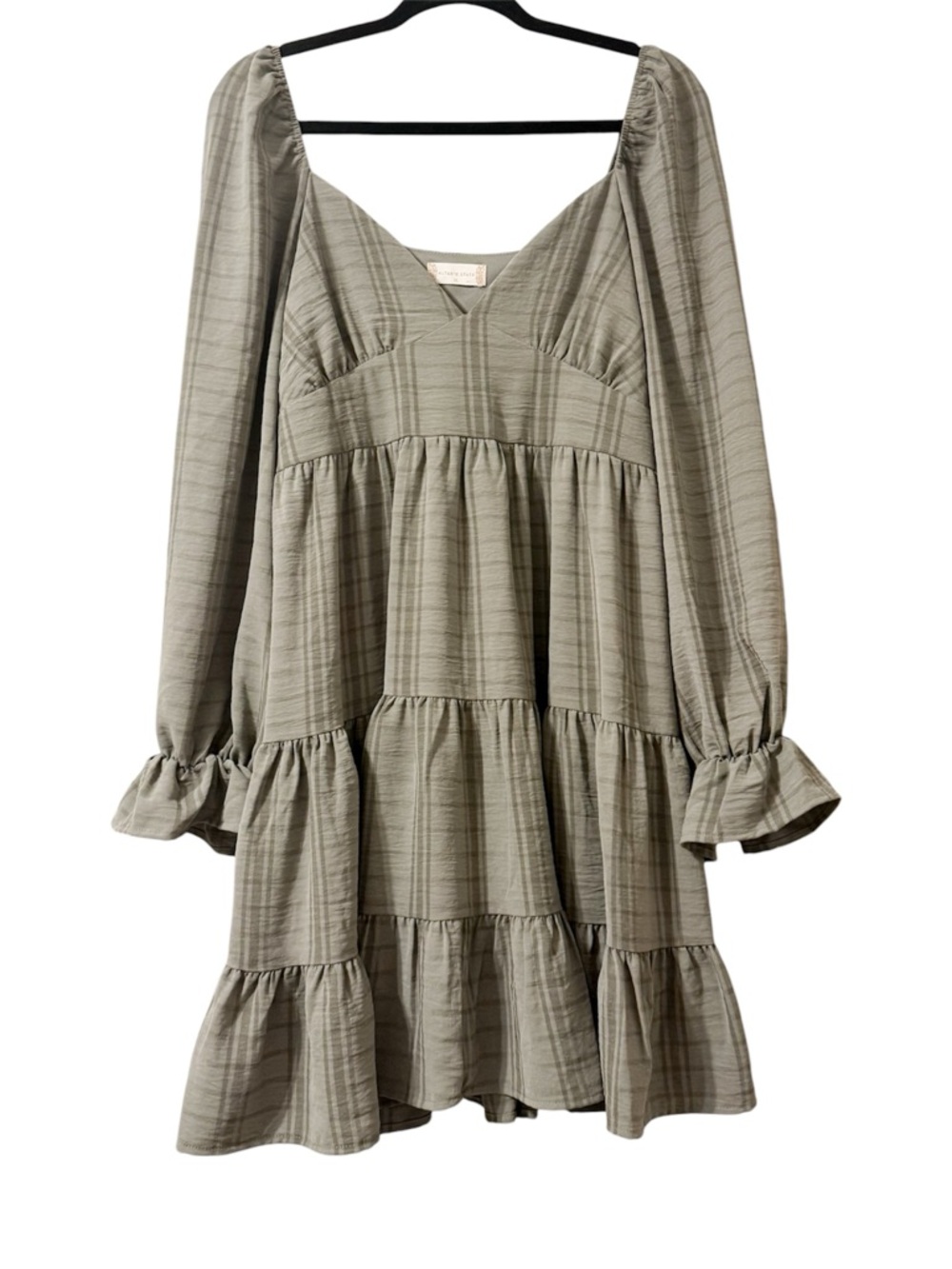 Altar’d State Olive Green Plaid Tiered Ruffle Long Sleeve Mini Dress Size XL